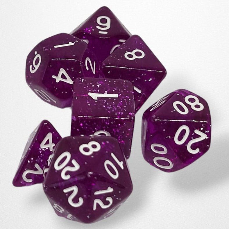 7pce Dice Set - Classic Purple Glitter - Polyhedral Dice - Pop Culture Larrikin 