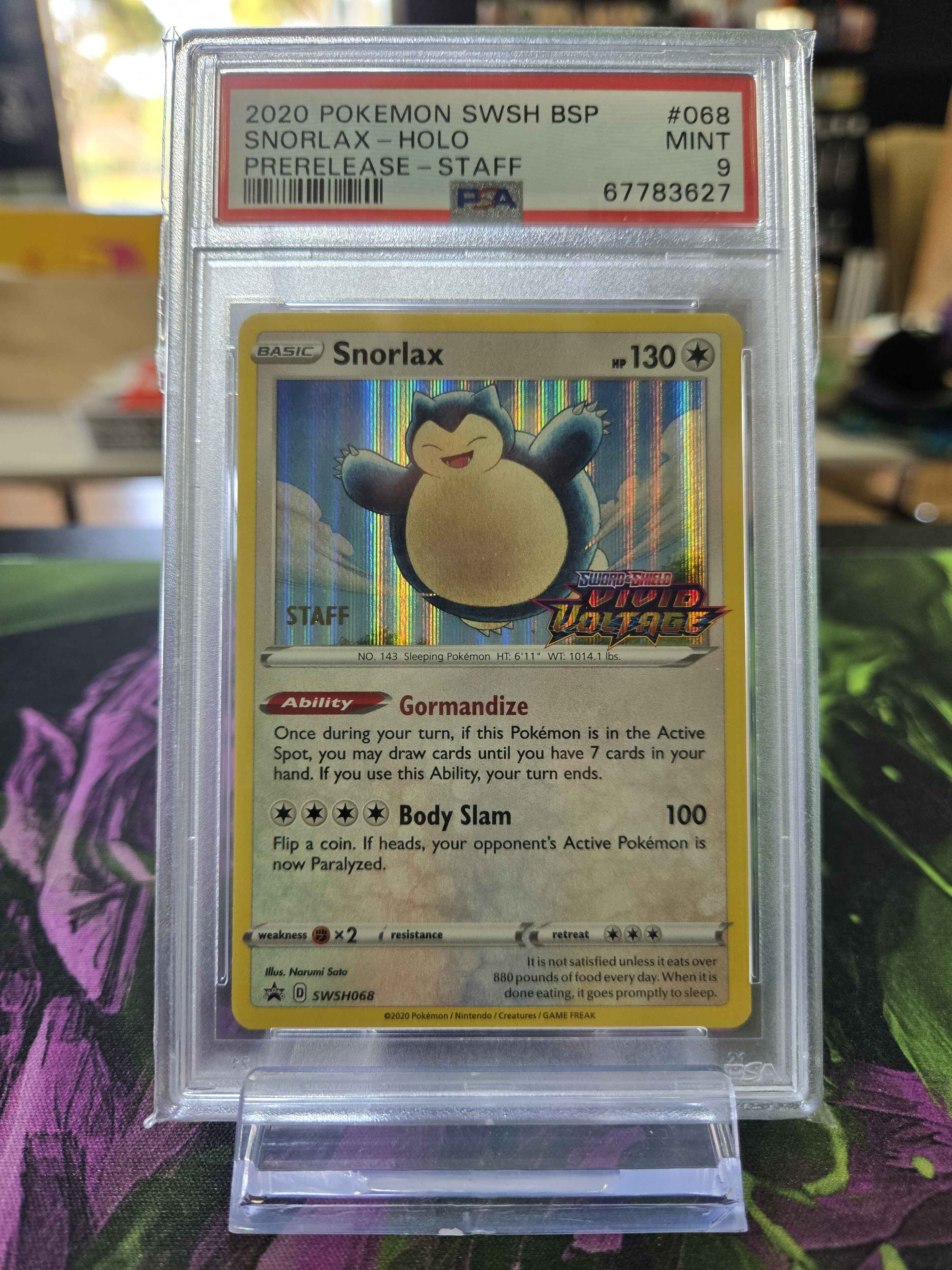 Image of Snorlax (Staff) SWSH068 PSA 9 - Sword and Shield Promos - Sword and Shield Foil/Holo C-RA - Pop Culture Larrikin 