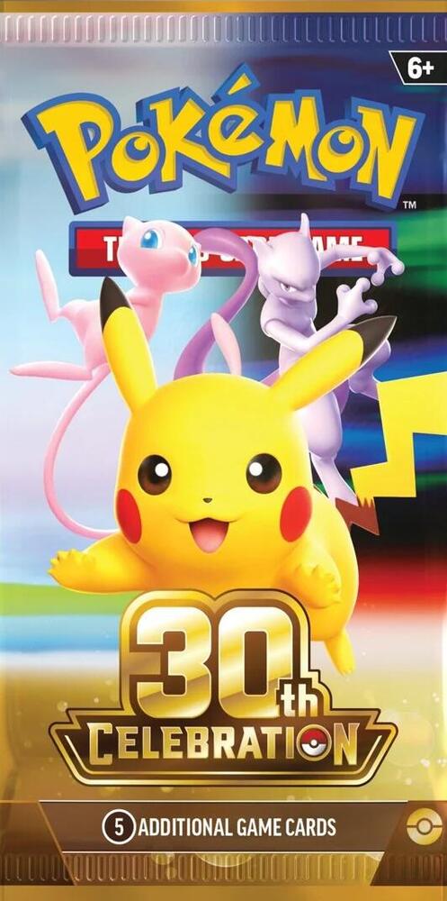 30th Celebration - Booster Pack - Pokemon TCG - front of English foil pack (Pikachu, Mew & Mewtwo) - Pop Culture Larrikin