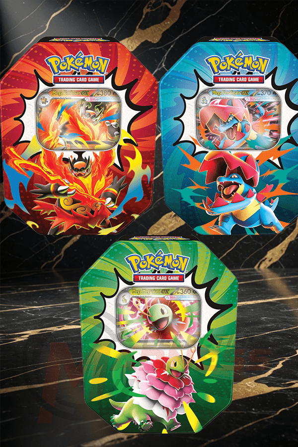 Pokémon TCG Mega Evolution Ascended Heroes Tins — all three arts