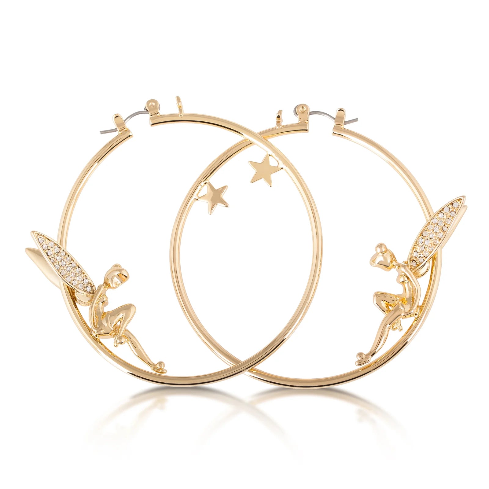 YG plated hoop earrings with sitting Tinker Bell, pave wings - Couture Kingdom - Pop Culture Larrikin 