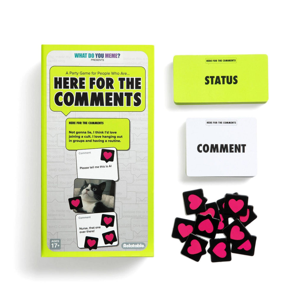 Here For The Comments box with Status cards, Comment cards, and Heart tokens