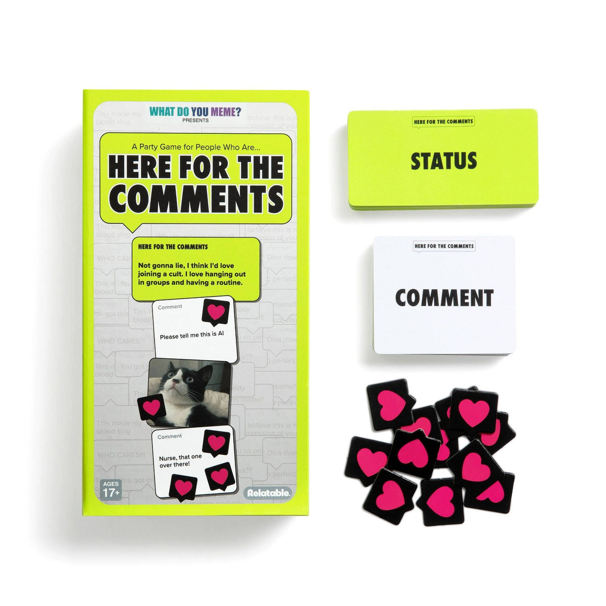 Here For The Comments box with Status cards, Comment cards, and Heart tokens