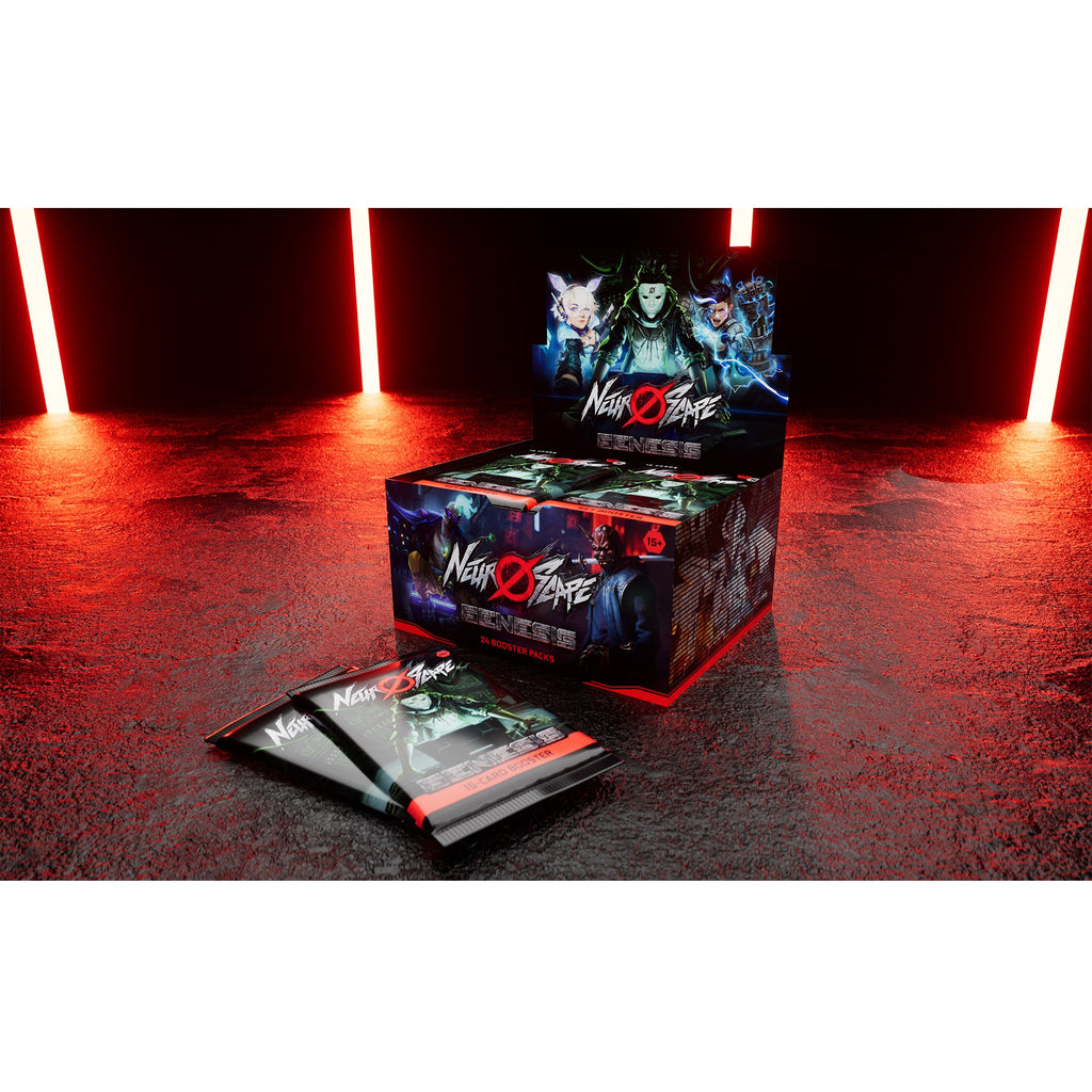 Neuroscape Genesis Unlimited booster display and booster packs — official Asmodee lifestyle shot