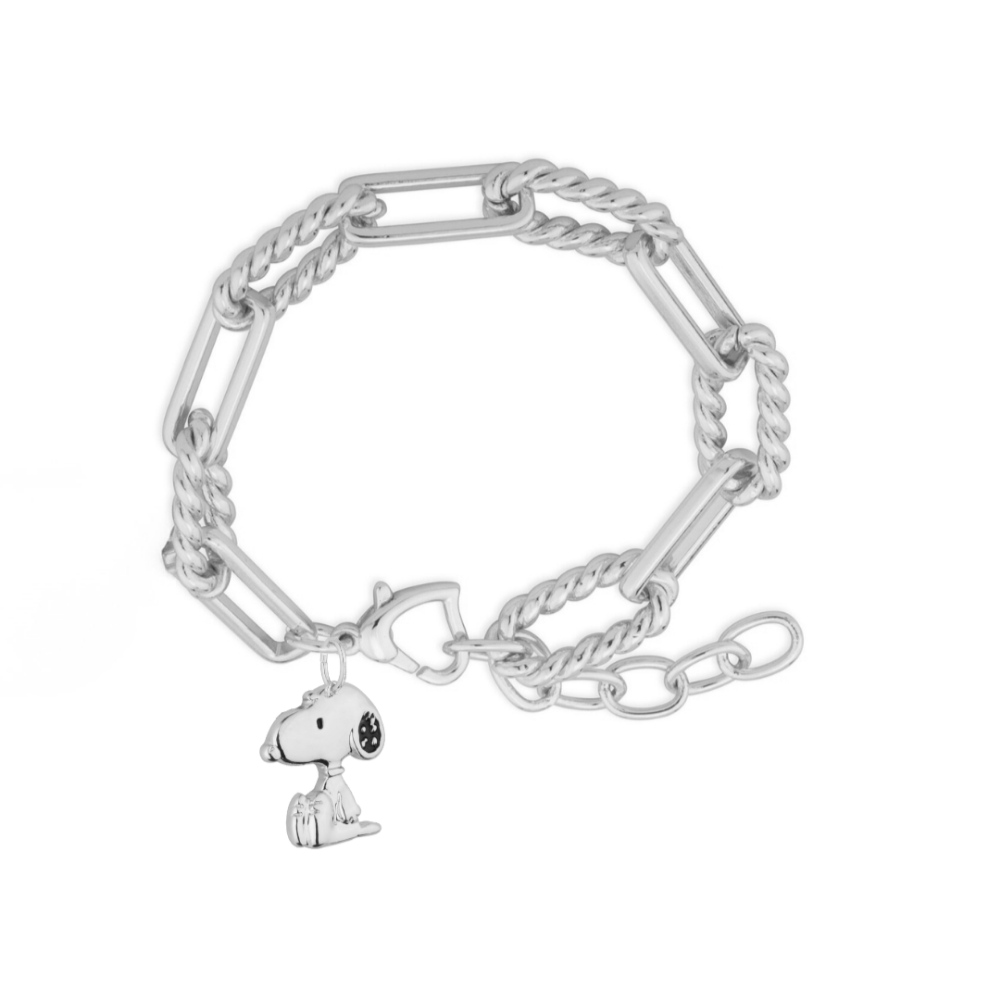 White gold  bracelet with a Snoopy charm on a white background