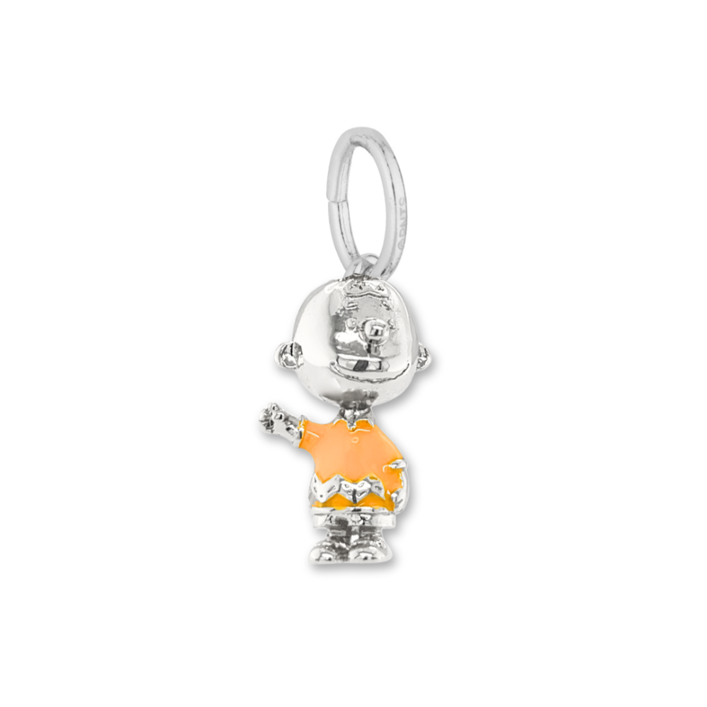 White gold plated Charlie Brown charm on a white background