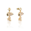 Gold Snoopy shaped earrings with black accents and mini pearls on a white background