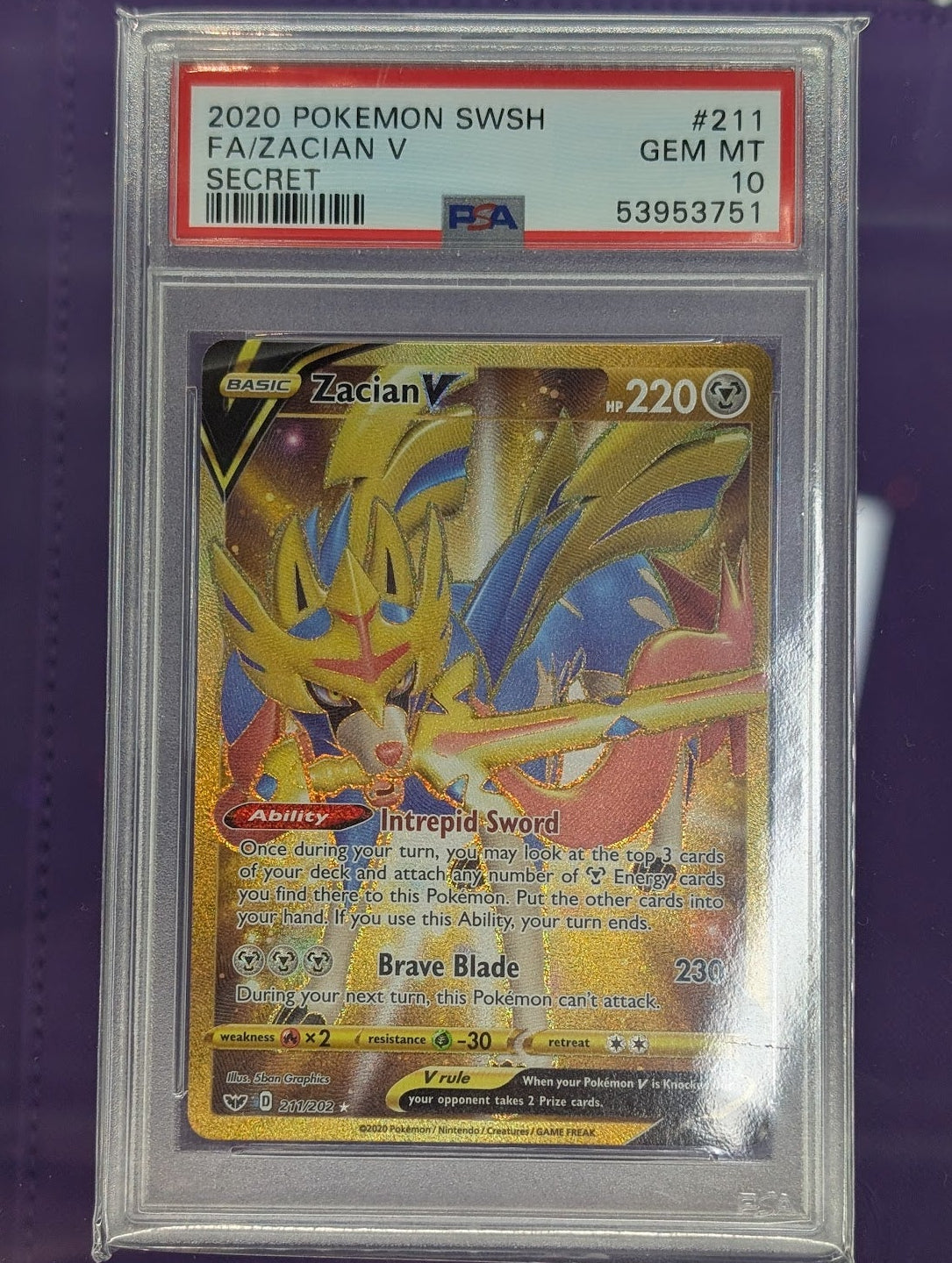 Pokémon trading card featuring Zacian V in a protective case with a visible grading label.